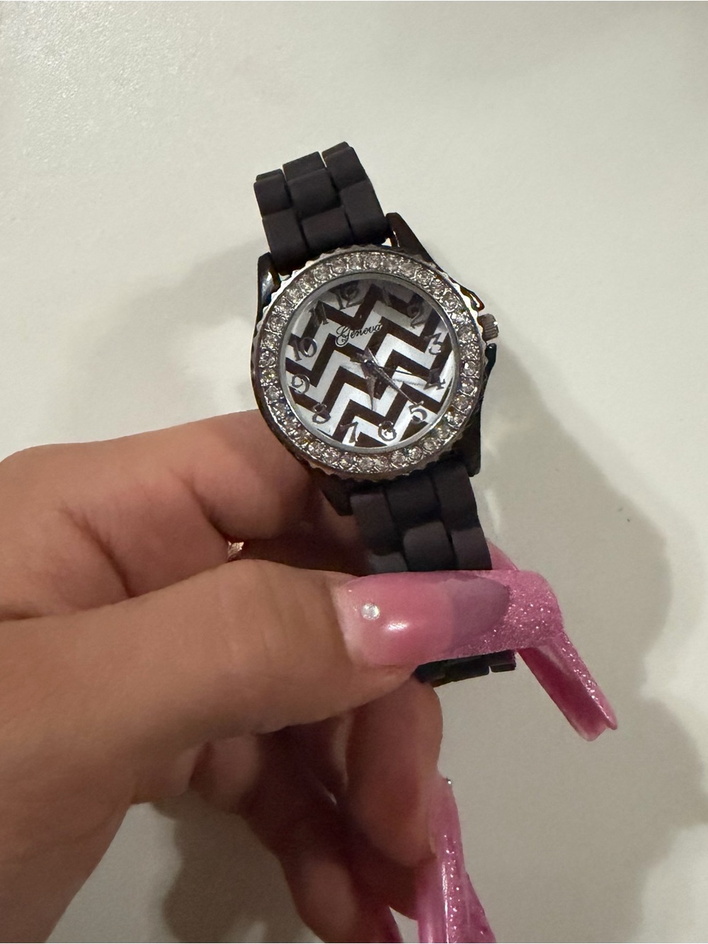 Geneva Black and White Chevron Crystal Accent Women's Watch